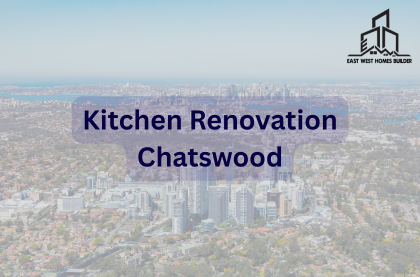Feature image with "kitchen renovation chatswood" titled in the middle of the page, with a faded background of Chatswood NSW with a light blue hue.